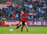 14 June 2025; Brendan Rogers of Derry in action against Sean Bugler of Dublin during the GAA Football All-Ireland Senior Championship Round 3 match between Dublin and Derry at Páirc Esler in Newry, Down. Photo by Thomas Flinkow/Sportsfile