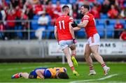15 June 2025; Ciaran Downey of Louth, 11, celebrates with Sam Mulroy after scoring their side's second goal during the GAA Football All-Ireland Senior Championship Round 3 match between Louth and Clare at Laois Hire O'Moore Park in Portlaoise, Laois. Photo by Shauna Clinton/Sportsfile