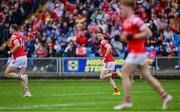 15 June 2025; Ciaran Downey of Louth, centre, celebrates after scoring his side's second goal during the GAA Football All-Ireland Senior Championship Round 3 match between Louth and Clare at Laois Hire O'Moore Park in Portlaoise, Laois. Photo by Shauna Clinton/Sportsfile