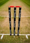 15 June 2025; A view of the wickets before match three of the T20 International Series between Ireland and the West Indies at Bready Cricket Club in Magheramason, Tyrone. Photo by Ramsey Cardy/Sportsfile