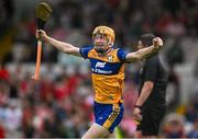 15 June 2025; Ian O'Brien of Clare celebrates at the final whistle of the Electric Ireland GAA Hurling All-Ireland Minor Championship semi-final match between Cork and Clare at FBD Semple Stadium in Thurles, Tipperary. Photo by Brendan Moran/Sportsfile