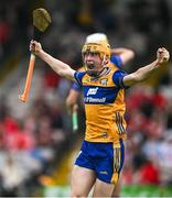 15 June 2025; Ian O'Brien of Clare celebrates at the final whistle of the Electric Ireland GAA Hurling All-Ireland Minor Championship semi-final match between Cork and Clare at FBD Semple Stadium in Thurles, Tipperary. Photo by Brendan Moran/Sportsfile