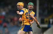 15 June 2025; Ian O'Brien, left, and Darragh Murrihy of Clare celebrate at the final whistle of the Electric Ireland GAA Hurling All-Ireland Minor Championship semi-final match between Cork and Clare at FBD Semple Stadium in Thurles, Tipperary. Photo by Brendan Moran/Sportsfile