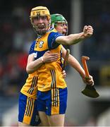 15 June 2025; Ian O'Brien, left, and Darragh Murrihy of Clare celebrate at the final whistle of the Electric Ireland GAA Hurling All-Ireland Minor Championship semi-final match between Cork and Clare at FBD Semple Stadium in Thurles, Tipperary. Photo by Brendan Moran/Sportsfile