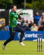 15 June 2025; Ireland bowler Matthew Humphreys during match three of the T20 International Series between Ireland and the West Indies at Bready Cricket Club in Magheramason, Tyrone. Photo by Ramsey Cardy/Sportsfile
