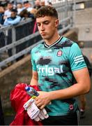 14 June 2025; Derry goalkeeper Louis Regan walks out for the second half of the GAA Football All-Ireland Senior Championship Round 3 match between Dublin and Derry at Páirc Esler in Newry, Down. Photo by Ramsey Cardy/Sportsfile