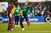 15 June 2025; Ireland bowler Barry McCarthy during match three of the T20 International Series between Ireland and the West Indies at Bready Cricket Club in Magheramason, Tyrone. Photo by Ramsey Cardy/Sportsfile