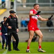 14 June 2025; Derry manager Paddy Tally and Ciaran McFaul of Derry during the GAA Football All-Ireland Senior Championship Round 3 match between Dublin and Derry at Páirc Esler in Newry, Down. Photo by Ramsey Cardy/Sportsfile