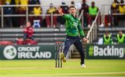 15 June 2025; Ireland bowler Matthew Humphreys during match three of the T20 International Series between Ireland and the West Indies at Bready Cricket Club in Magheramason, Tyrone. Photo by Ramsey Cardy/Sportsfile