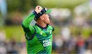 15 June 2025; Ben White of Ireland during match three of the T20 International Series between Ireland and the West Indies at Bready Cricket Club in Magheramason, Tyrone. Photo by Ramsey Cardy/Sportsfile
