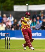 15 June 2025; West Indies batter Evin Lewis during match three of the T20 International Series between Ireland and the West Indies at Bready Cricket Club in Magheramason, Tyrone. Photo by Ramsey Cardy/Sportsfile