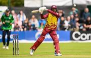 15 June 2025; West Indies batter Shai Hope during match three of the T20 International Series between Ireland and the West Indies at Bready Cricket Club in Magheramason, Tyrone. Photo by Ramsey Cardy/Sportsfile