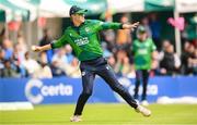 15 June 2025; Harry Tector of Ireland during match three of the T20 International Series between Ireland and the West Indies at Bready Cricket Club in Magheramason, Tyrone. Photo by Ramsey Cardy/Sportsfile