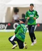 15 June 2025; Paul Stirling of Ireland claims the wicket of Evin Lewis of West Indies during match three of the T20 International Series between Ireland and the West Indies at Bready Cricket Club in Magheramason, Tyrone. Photo by Ramsey Cardy/Sportsfile