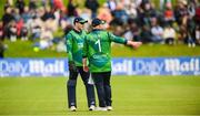 15 June 2025; Lorcan Tucker, left, and Paul Stirling of Ireland during match three of the T20 International Series between Ireland and the West Indies at Bready Cricket Club in Magheramason, Tyrone. Photo by Ramsey Cardy/Sportsfile