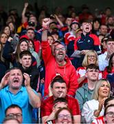 15 June 2025; Louth supporters react during the GAA Football All-Ireland Senior Championship Round 3 match between Louth and Clare at Laois Hire O'Moore Park in Portlaoise, Laois. Photo by Shauna Clinton/Sportsfile