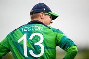 15 June 2025; Harry Tector of Ireland during match three of the T20 International Series between Ireland and the West Indies at Bready Cricket Club in Magheramason, Tyrone. Photo by Ramsey Cardy/Sportsfile