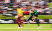 15 June 2025; Ireland bowler Barry McCarthy during match three of the T20 International Series between Ireland and the West Indies at Bready Cricket Club in Magheramason, Tyrone. Photo by Ramsey Cardy/Sportsfile