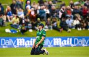 15 June 2025; Barry McCarthy of Ireland reacts during match three of the T20 International Series between Ireland and the West Indies at Bready Cricket Club in Magheramason, Tyrone. Photo by Ramsey Cardy/Sportsfile