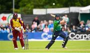 15 June 2025; Ireland batter Ross Adair during match three of the T20 International Series between Ireland and the West Indies at Bready Cricket Club in Magheramason, Tyrone. Photo by Ramsey Cardy/Sportsfile
