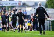 15 June 2025; Sideline official David Gough explains a decision to Donegal manager Jim McGuinness, right, during the GAA Football All-Ireland Senior Championship Round 3 match between Donegal and Mayo at King & Moffatt Dr Hyde Park in Roscommon. Photo by Seb Daly/Sportsfile