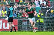 15 June 2025; David McBrien of Mayo celebrates after scoring his side's first goal during the GAA Football All-Ireland Senior Championship Round 3 match between Donegal and Mayo at King & Moffatt Dr Hyde Park in Roscommon. Photo by Seb Daly/Sportsfile