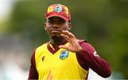 15 June 2025; Keacy Carty of West Indies during match three of the T20 International Series between Ireland and the West Indies at Bready Cricket Club in Magheramason, Tyrone. Photo by Ramsey Cardy/Sportsfile
