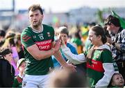 15 June 2025; Aidan O’Shea of Mayo is greeted by a supporter after his side's defeat in the GAA Football All-Ireland Senior Championship Round 3 match between Donegal and Mayo at King & Moffatt Dr Hyde Park in Roscommon. Photo by Seb Daly/Sportsfile