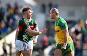 15 June 2025; Michael Murphy of Donegal clashes with Darren McHale of Mayo after the GAA Football All-Ireland Senior Championship Round 3 match between Donegal and Mayo at King & Moffatt Dr Hyde Park in Roscommon. Photo by Seb Daly/Sportsfile