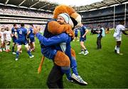 14 June 2025; Mascot Leo the Lion and Jamison Gibson-Park of Leinster celebrate after the United Rugby Championship Grand Final match between Leinster and Vodacom Bulls at Croke Park in Dublin. Photo by Brendan Moran/Sportsfile