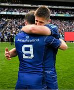 14 June 2025; Ross Byrne, right, and Luke McGrath of Leinster celebrate after the United Rugby Championship Grand Final match between Leinster and Vodacom Bulls at Croke Park in Dublin. Photo by Brendan Moran/Sportsfile