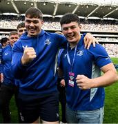 14 June 2025; Diarmuid Mangan, left, and Stephen Smyth of Leinster celebrate after the United Rugby Championship Grand Final match between Leinster and Vodacom Bulls at Croke Park in Dublin. Photo by Brendan Moran/Sportsfile