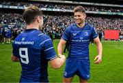 14 June 2025; Ross Byrne, right, and Luke McGrath of Leinster celebrate after the United Rugby Championship Grand Final match between Leinster and Vodacom Bulls at Croke Park in Dublin. Photo by Brendan Moran/Sportsfile