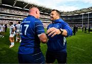 14 June 2025; Cian Healy, right, and Jack Boyle of Leinster celebrate after the United Rugby Championship Grand Final match between Leinster and Vodacom Bulls at Croke Park in Dublin. Photo by Brendan Moran/Sportsfile