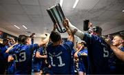 14 June 2025; James Lowe of Leinster brings the trophy into the dressingroom as the team celebtate after the United Rugby Championship Grand Final match between Leinster and Vodacom Bulls at Croke Park in Dublin. Photo by Brendan Moran/Sportsfile