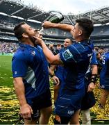 14 June 2025; Cian Healy, left, and Dan Sheehan of Leinster celebrate after the United Rugby Championship Grand Final match between Leinster and Vodacom Bulls at Croke Park in Dublin. Photo by Brendan Moran/Sportsfile