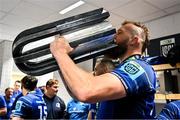 14 June 2025; RG Snyman of Leinster celebrates with the URC trophy in the dressingroom after the United Rugby Championship Grand Final match between Leinster and Vodacom Bulls at Croke Park in Dublin. Photo by Brendan Moran/Sportsfile