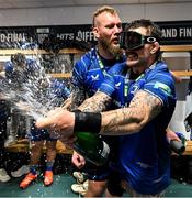 14 June 2025; RG Snyman and Andrew Porter of Leinster celebrates in the dressingroom after the United Rugby Championship Grand Final match between Leinster and Vodacom Bulls at Croke Park in Dublin. Photo by Brendan Moran/Sportsfile