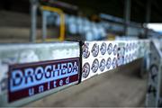 16 June 2025; Drogheda United stickers are seen in the stands before the SSE Airtricity Men's Premier Division match between Drogheda United and Shamrock Rovers at Sullivan & Lambe Park in Drogheda, Louth. Photo by Shauna Clinton/Sportsfile