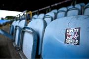16 June 2025; Drogheda United stickers are seen in the stands before the SSE Airtricity Men's Premier Division match between Drogheda United and Shamrock Rovers at Sullivan & Lambe Park in Drogheda, Louth. Photo by Shauna Clinton/Sportsfile