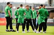 16 June 2025; Shamrock Rovers players, including Dylan Watts, centre, inspect the pitch before the SSE Airtricity Men's Premier Division match between Drogheda United and Shamrock Rovers at Sullivan & Lambe Park in Drogheda, Louth. Photo by Ben McShane/Sportsfile