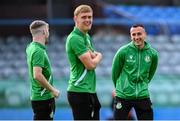 16 June 2025; Aaron McEneff of Shamrock Rovers, right, and team-mates inspect the pitch before the SSE Airtricity Men's Premier Division match between Drogheda United and Shamrock Rovers at Sullivan & Lambe Park in Drogheda, Louth. Photo by Shauna Clinton/Sportsfile