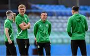 16 June 2025; Aaron McEneff of Shamrock Rovers, centre, and team-mates inspect the pitch before the SSE Airtricity Men's Premier Division match between Drogheda United and Shamrock Rovers at Sullivan & Lambe Park in Drogheda, Louth. Photo by Shauna Clinton/Sportsfile