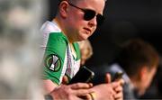 16 June 2025; A UEFA Europa Conference League sleeve patch is seen on the jersey of a Shamrock Rovers supporter before the SSE Airtricity Men's Premier Division match between Drogheda United and Shamrock Rovers at Sullivan & Lambe Park in Drogheda, Louth. Photo by Ben McShane/Sportsfile