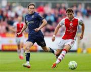 16 June 2025; Anto Breslin of St. Patrick's Athletic in action against Harry Wood of Shelbourne during the SSE Airtricity Men's Premier Division match between St Patrick's Athletic and Shelbourne at Richmond Park in Dublin. Photo by Thomas Flinkow/Sportsfile