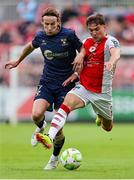 316 June 2025; Anto Breslin of St. Patrick's Athletic in action against Harry Wood of Shelbourne during the SSE Airtricity Men's Premier Division match between St Patrick's Athletic and Shelbourne at Richmond Park in Dublin. Photo by Thomas Flinkow/Sportsfile