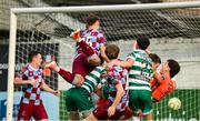 16 June 2025; George Cooper of Drogheda United heads his side' first goal past Shamrock Rovers goalkeeper Ed McGinty during the SSE Airtricity Men's Premier Division match between Drogheda United and Shamrock Rovers at Sullivan & Lambe Park in Drogheda, Louth. Photo by Shauna Clinton/Sportsfile