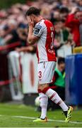 16 June 2025; Anto Breslin of St. Patrick's Athletic reacts after losing posession of the ball during the SSE Airtricity Men's Premier Division match between St Patrick's Athletic and Shelbourne at Richmond Park in Dublin. Photo by Thomas Flinkow/Sportsfile