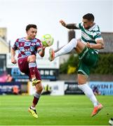16 June 2025; Darragh Markey of Drogheda United in action against Lee Grace of Shamrock Rovers during the SSE Airtricity Men's Premier Division match between Drogheda United and Shamrock Rovers at Sullivan & Lambe Park in Drogheda, Louth. Photo by Shauna Clinton/Sportsfile