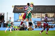 16 June 2025; Cory O'Sullivan of Shamrock Rovers in action against Douglas James-Taylor of Drogheda United during the SSE Airtricity Men's Premier Division match between Drogheda United and Shamrock Rovers at Sullivan & Lambe Park in Drogheda, Louth. Photo by Shauna Clinton/Sportsfile